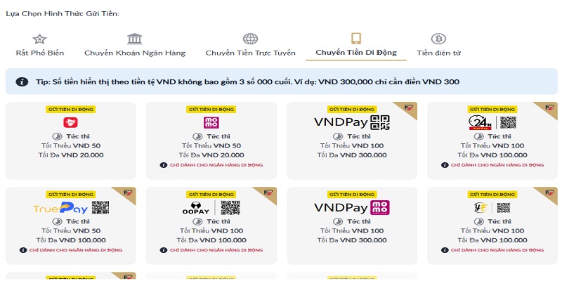 Các phương thức nạp tiền vào tài khoản cá độ